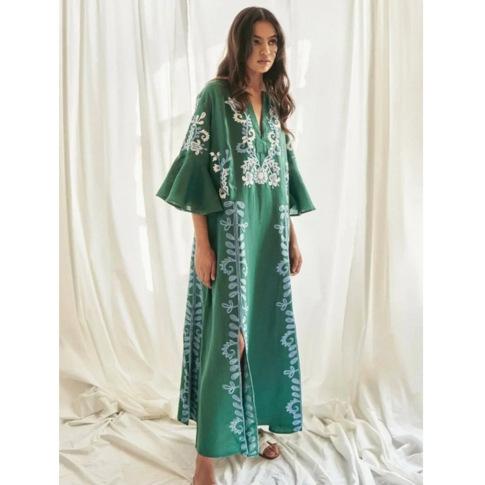 March 11 Womens Annabelle Floral Embroidered Linen Maxi Kaftan Dress Sz XS NWT